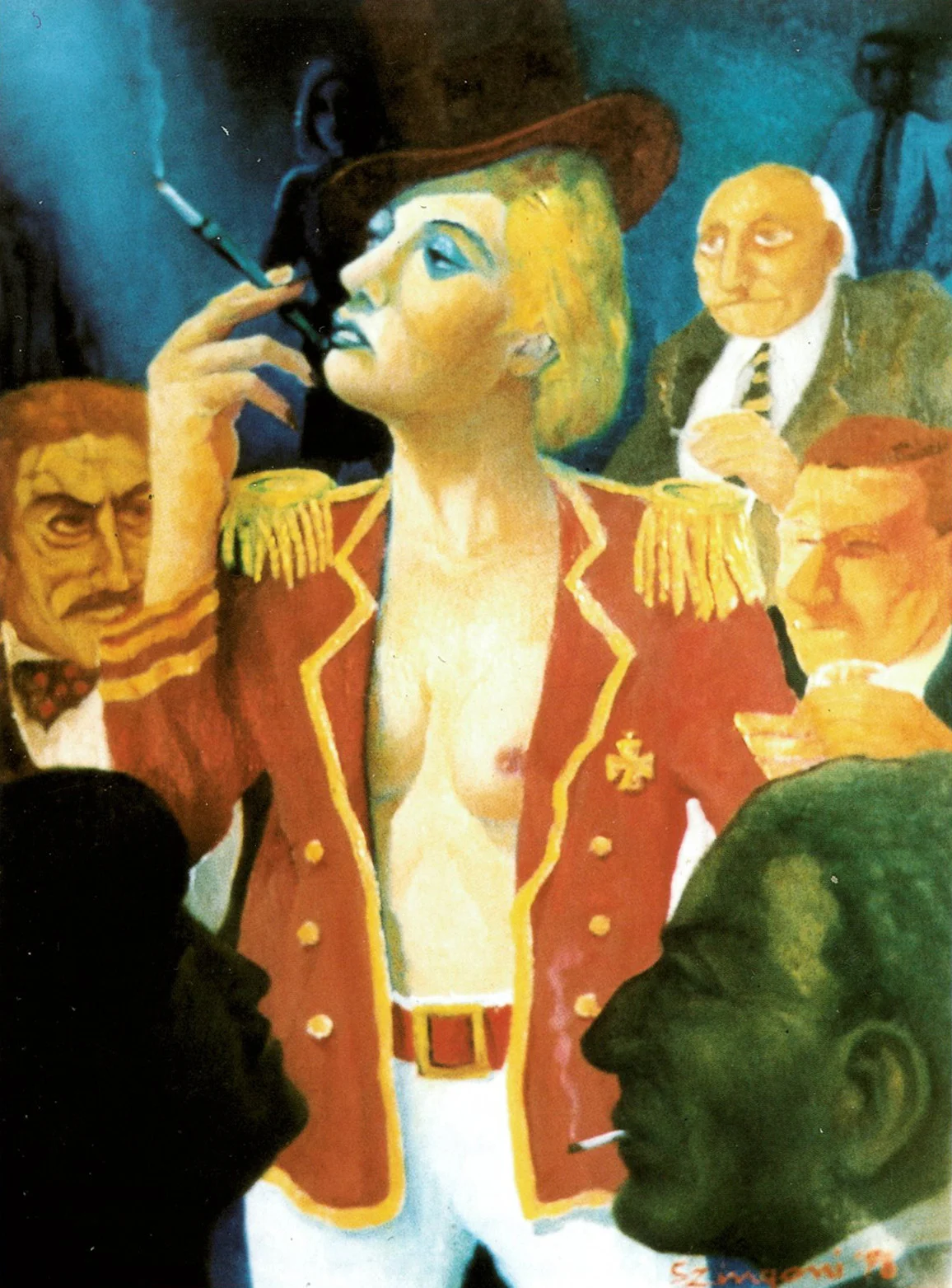 Woman in red smoking